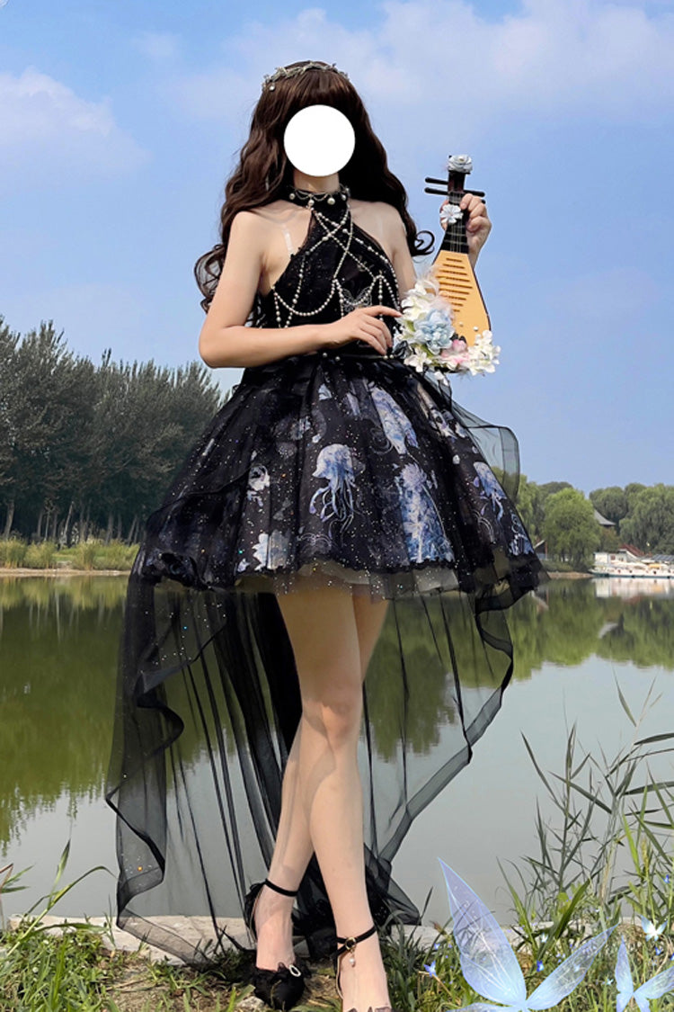Blue Deep Sea Jellyfish Halterneck Sleeveless Print Embroidery Bowknot Lace Sweet Elegant Lolita Jsk Dress