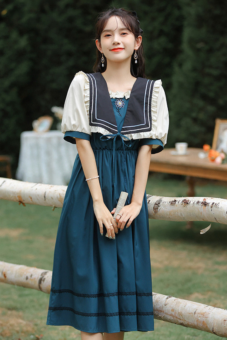 Multi-Color Retro Doll Collar Short Lantern Sleeves High Waist Embroidery Sweet Lolita OP Dress