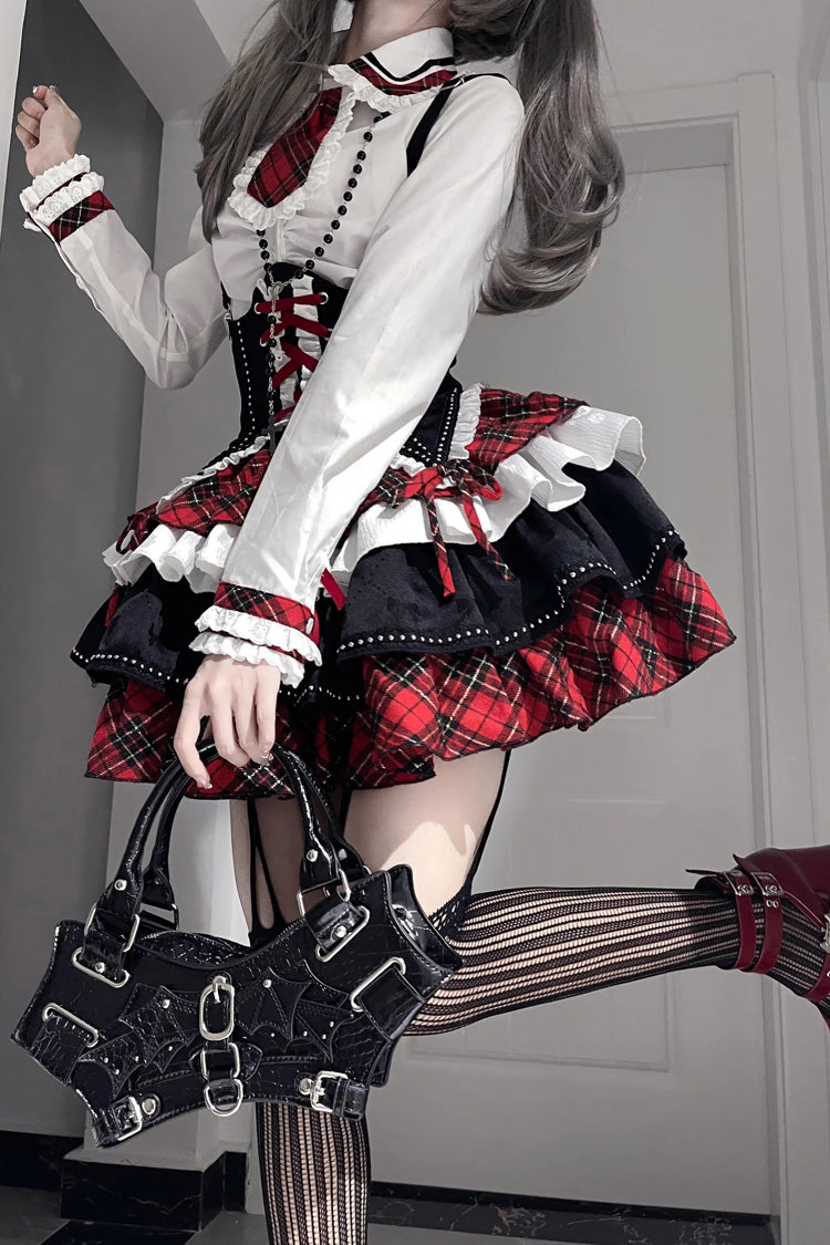 Red/White/Black Multi-layer Ruffle Opera Rock Girl Gothic Lolita Strap Dress Set