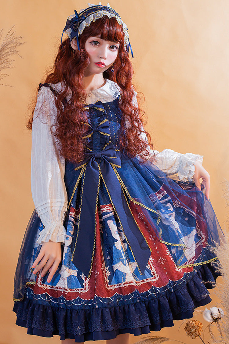 Royal Court Lace Chiffon Waist Bow Cat Printed Sweet Lolita Jsk Dress