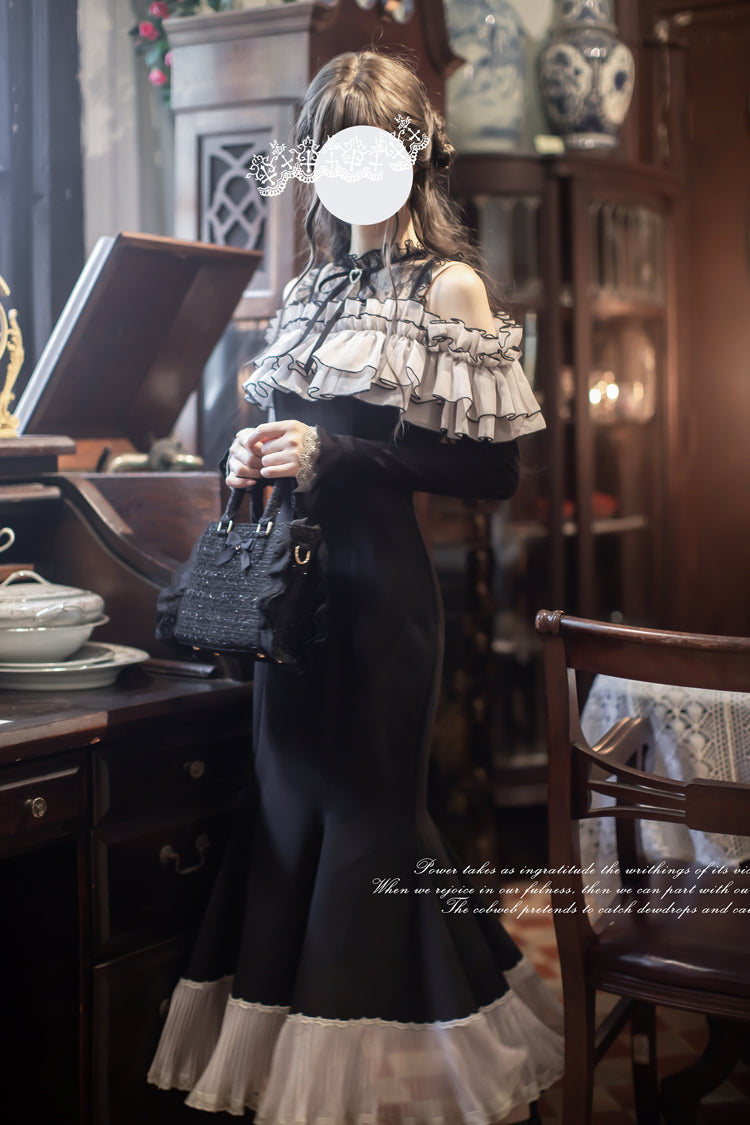Black Night Cherry Blossoms Long Sleeves Ruffle Bowknot Daily Sweet Elegant Lolita Fishtail Dress