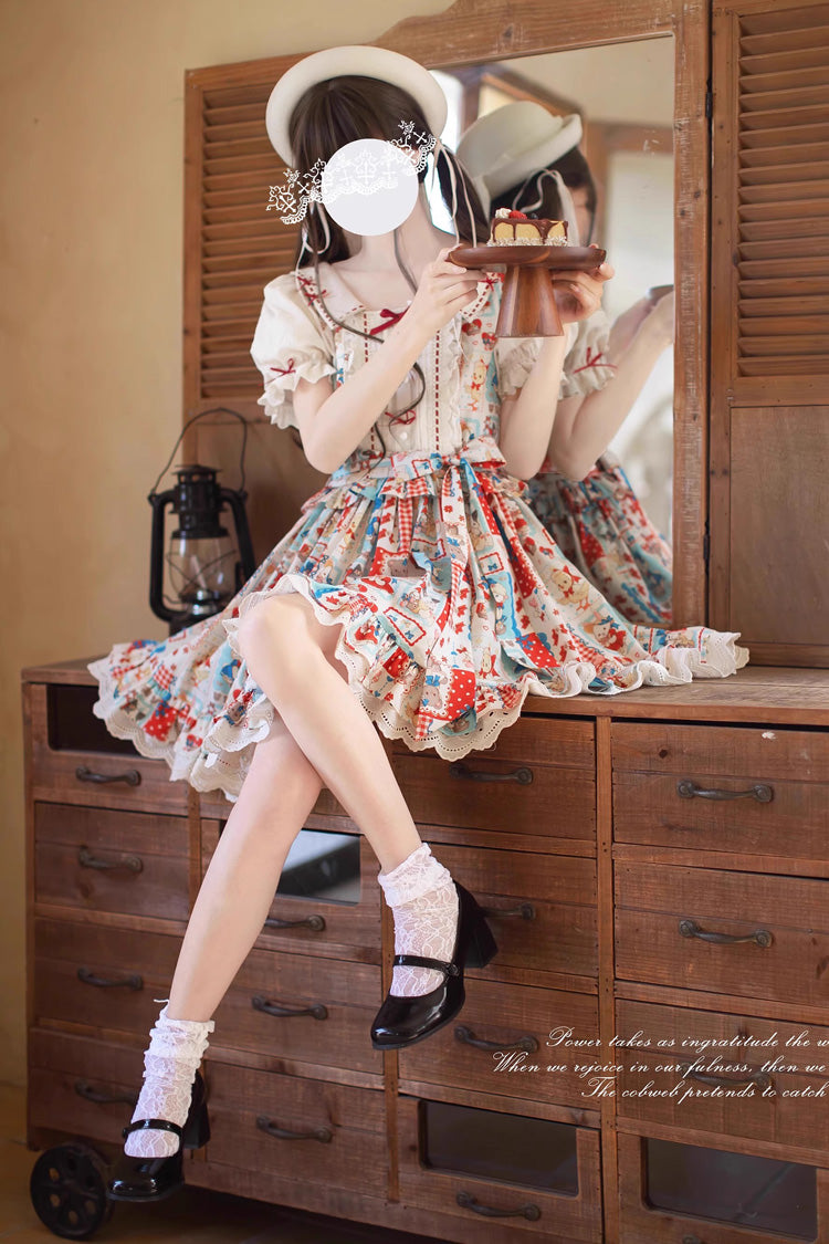 Multi-Color Linlang Painting Shop Short Sleeves Print Ruffle Bowknot Lace Sweet Vintage Lolita Dress