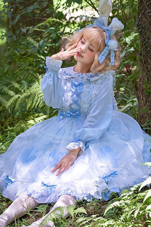 Lapel Collar Bowknot Long Sleeves Love Pockets Decoration Multi-Layer Ruffled Sweet Lolita OP Dress 2 Colors