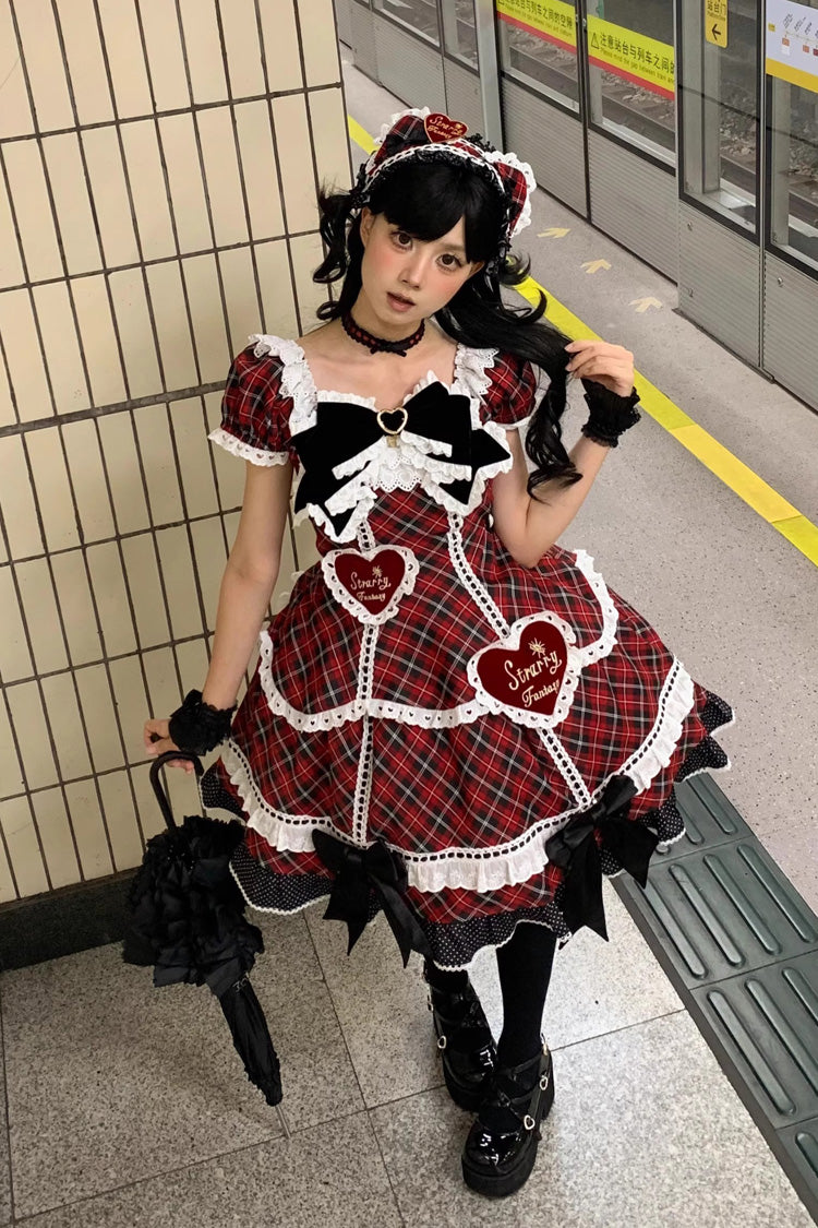 Red Shibuya Sweetheart Short Sleeves Plaid Print Ruffle Bowknot Sweet Lolita OP Dress (Plus Size Support)