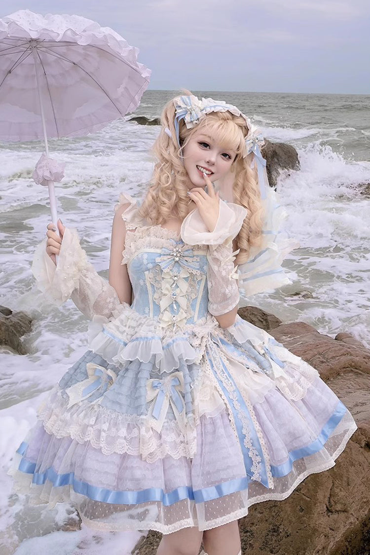 Blue Moonstone Sleeveless Ruffle Embroidery Bowknot Lace Fishbone Sweet Princess Lolita Dress
