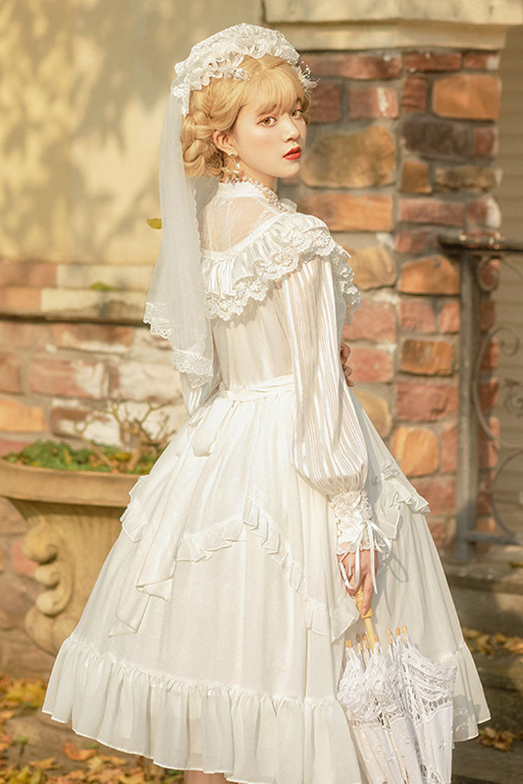 White Hollow V Neck Long Sleeves Bowknot Hanayome Ruffled Gothic Lolita Dress