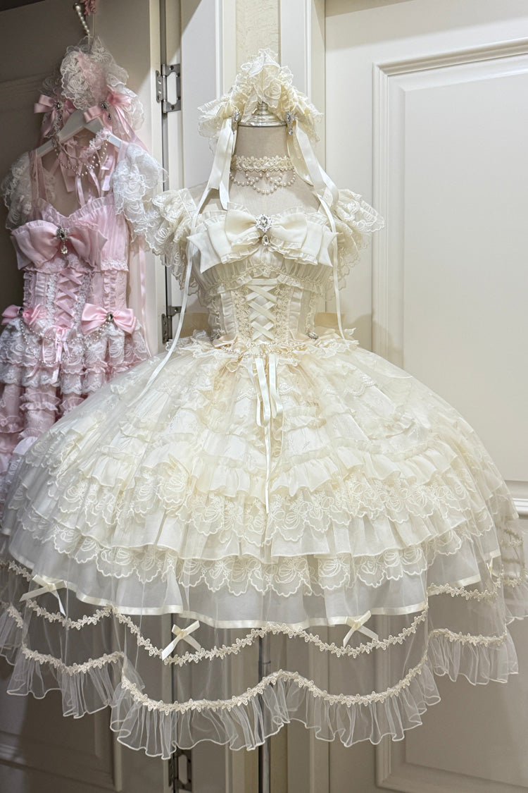 Apricot Eternal Vow Sleeveless Multi-Layered Ruffle Hanayome Bowknot Lace Lace-Up Sweet Lolita Jsk Dress