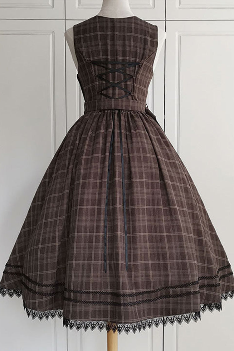 Brown Poem of Greina V Collar Sleeveless High Waisted Printed Classic Elegant Lolita Jsk Dress
