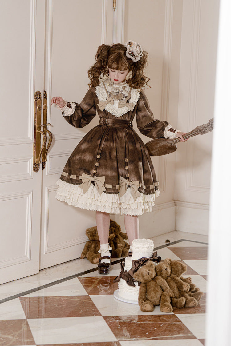 Brown Chocolate Cat Print Long Sleeves Ruffle Bowknot Sweet Lolita Dress