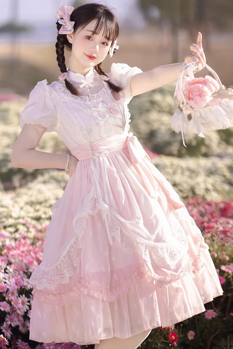 Pink Chinese Style Short Sleeves Princess Ruffle Sweet Lolita Dress