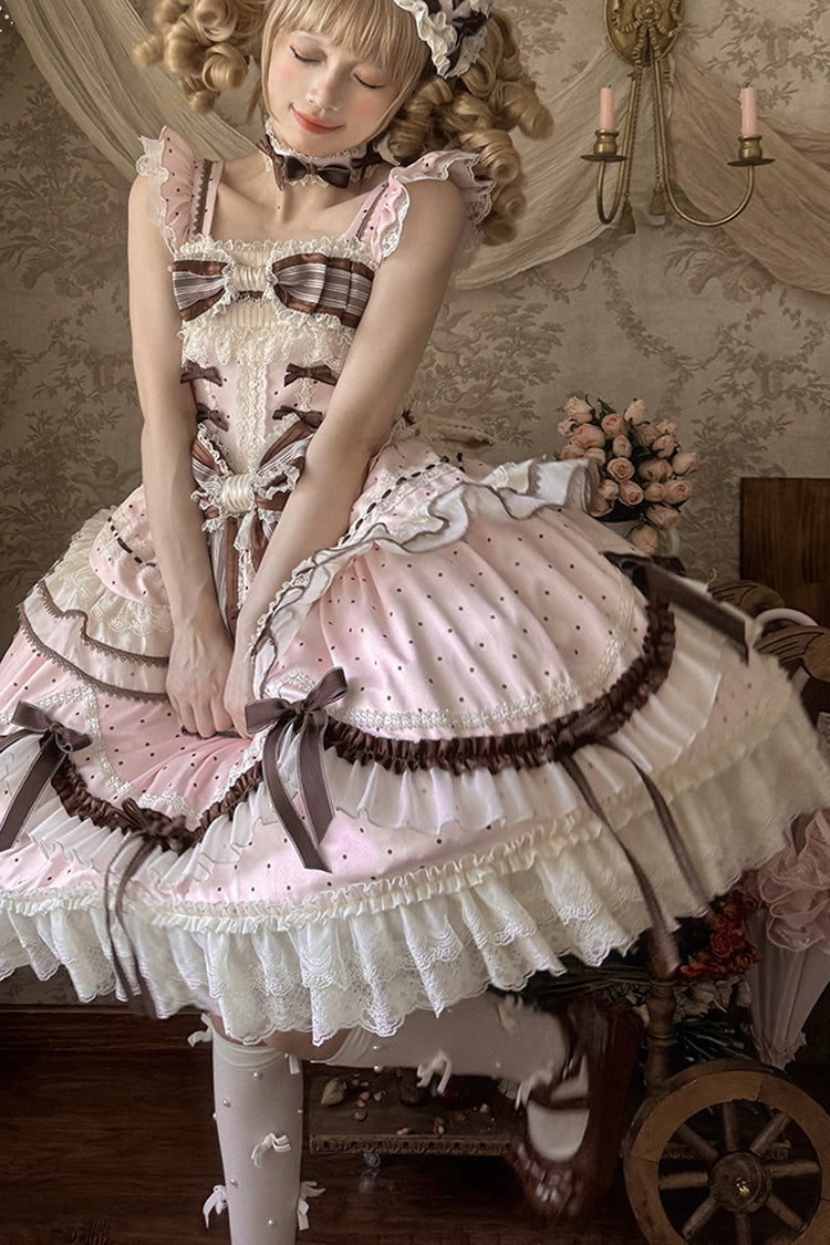Pink Shengqiao Tata Sleeveless Print Ruffle Bowknot Lace-Up Sweet Elegant Lolita Jsk Dress