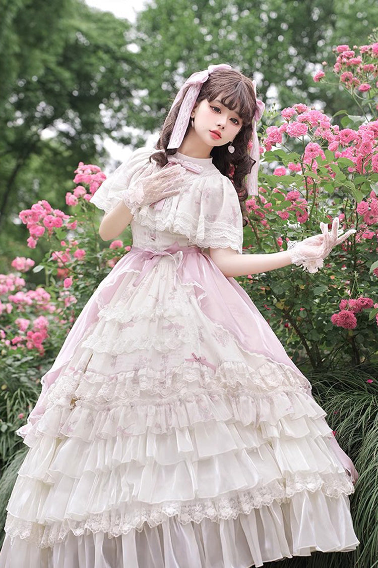Multi-Color Bellflower Print Ruffle Lace Sweet Princess Lolita Dress