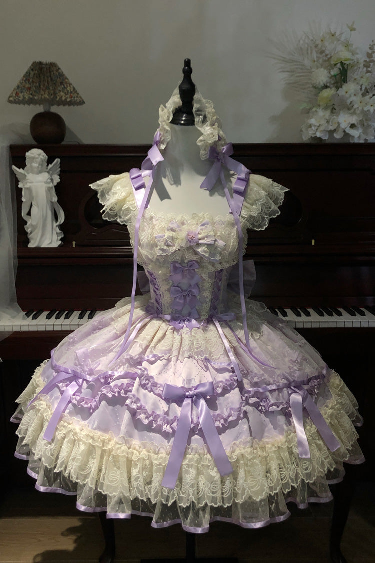 Purple Dreaming Butterfly Multi-Layered Jacquard Ruffle Bowknot Lace Sweet Princess Lolita Jsk Dress