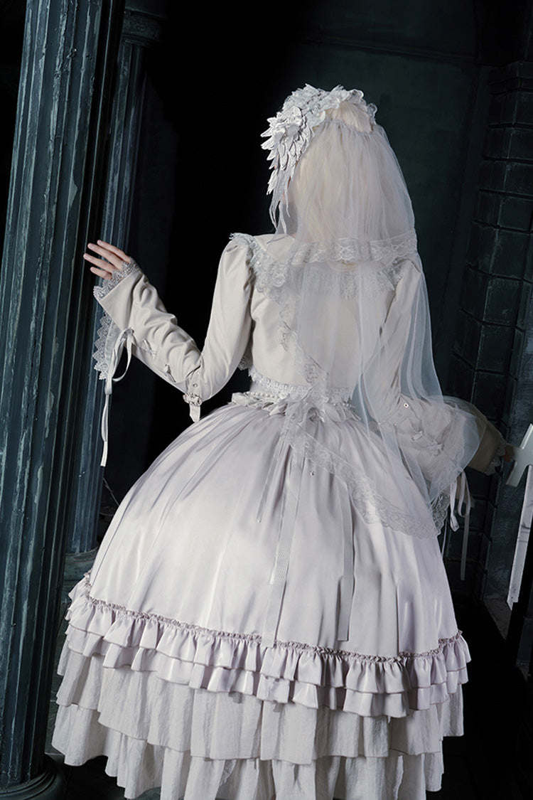 Solid Color Bionic Doll Square Collar Multi-Layered Ruffle Bowknot Lace-Up Gothic Lolita Long Skirt Corset Set