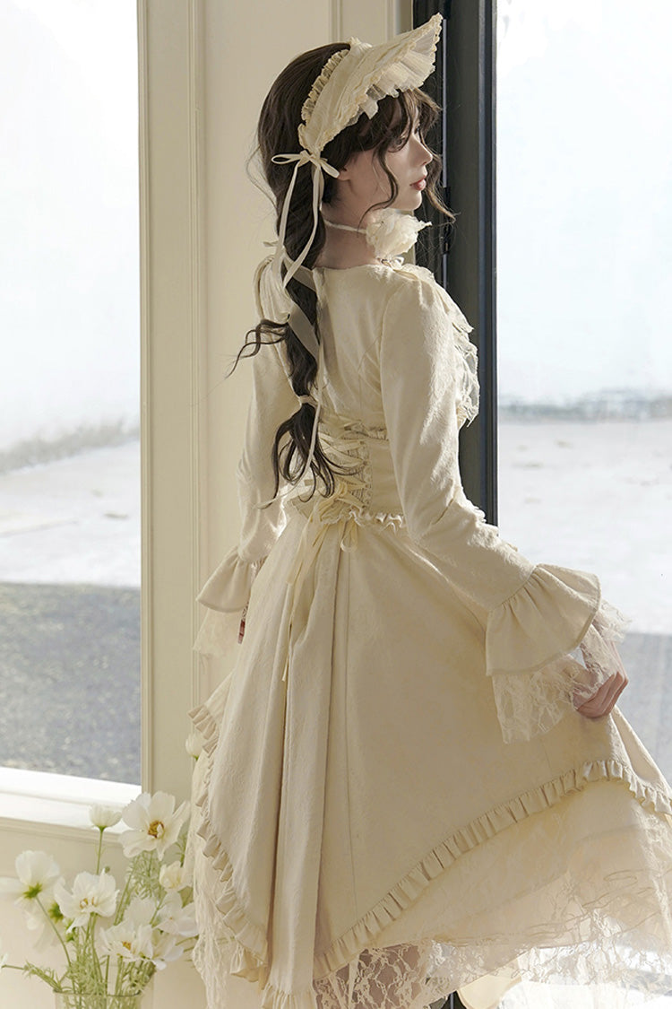 Ivory White Tea Long Sleeves Ruffle Bowknot Lace Irregular Classic Princess Lolita Dress