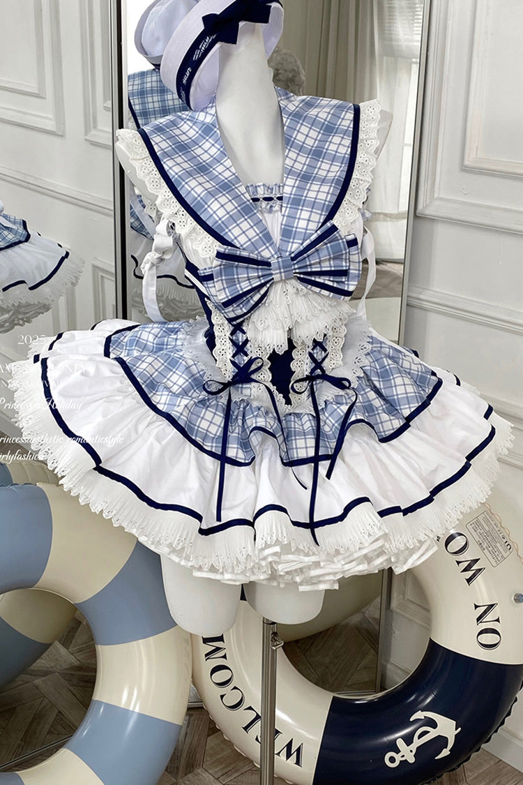 Blue/White Sailing Love Navy Collar Sleeveless Plaid Print Ruffle Bowknot Sweet Lolita Dress