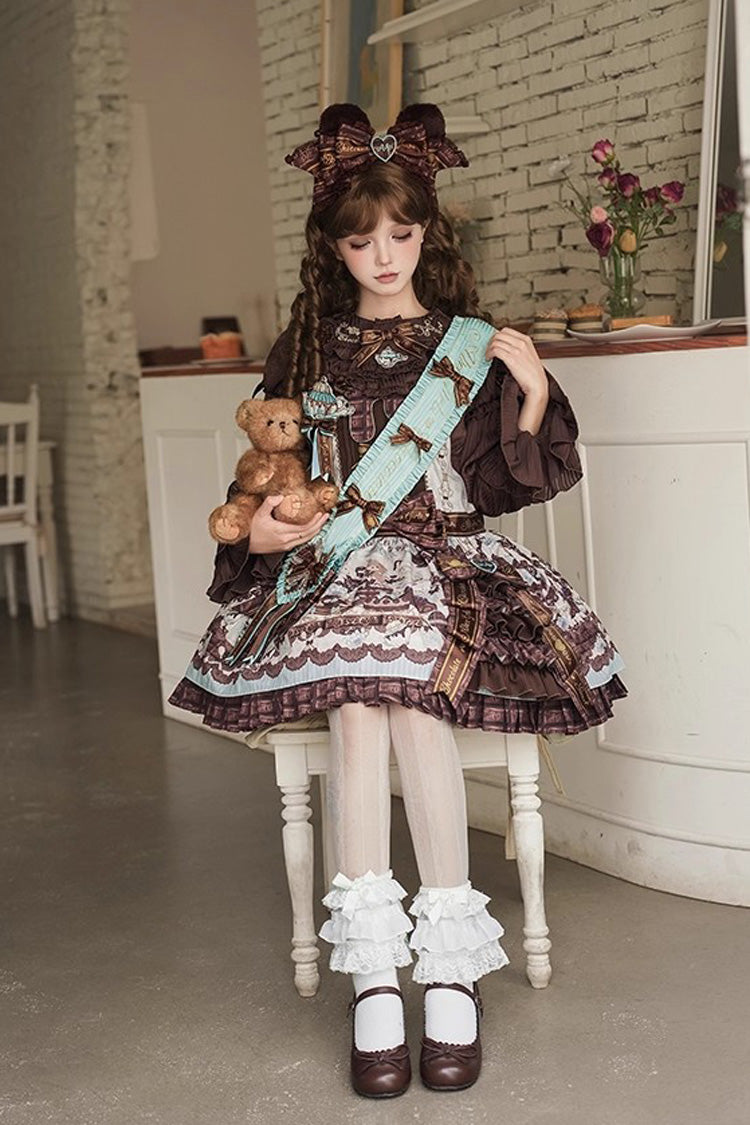 Brown Teddy Bear Chocolate Sleeveless Print Ruffle Side Cardigan Bowknot Asymmetric Sweet Lolita Strap Dress