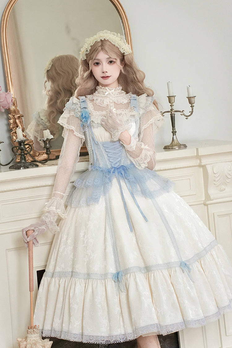 Ivory Sea Salt Iced Tea Square Collar Flying Sleeves Ruffle Fishbone Sweet Lolita Jsk Long Dress