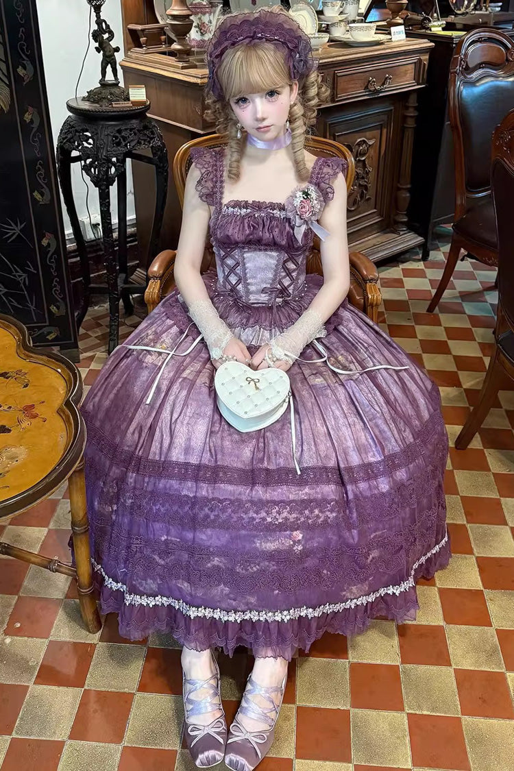 Purple Mist-shrouded Vineyard Sleeveless Ruffle Bowknot Lace-Up Sweet Lolita Jsk Skirt Dress Set