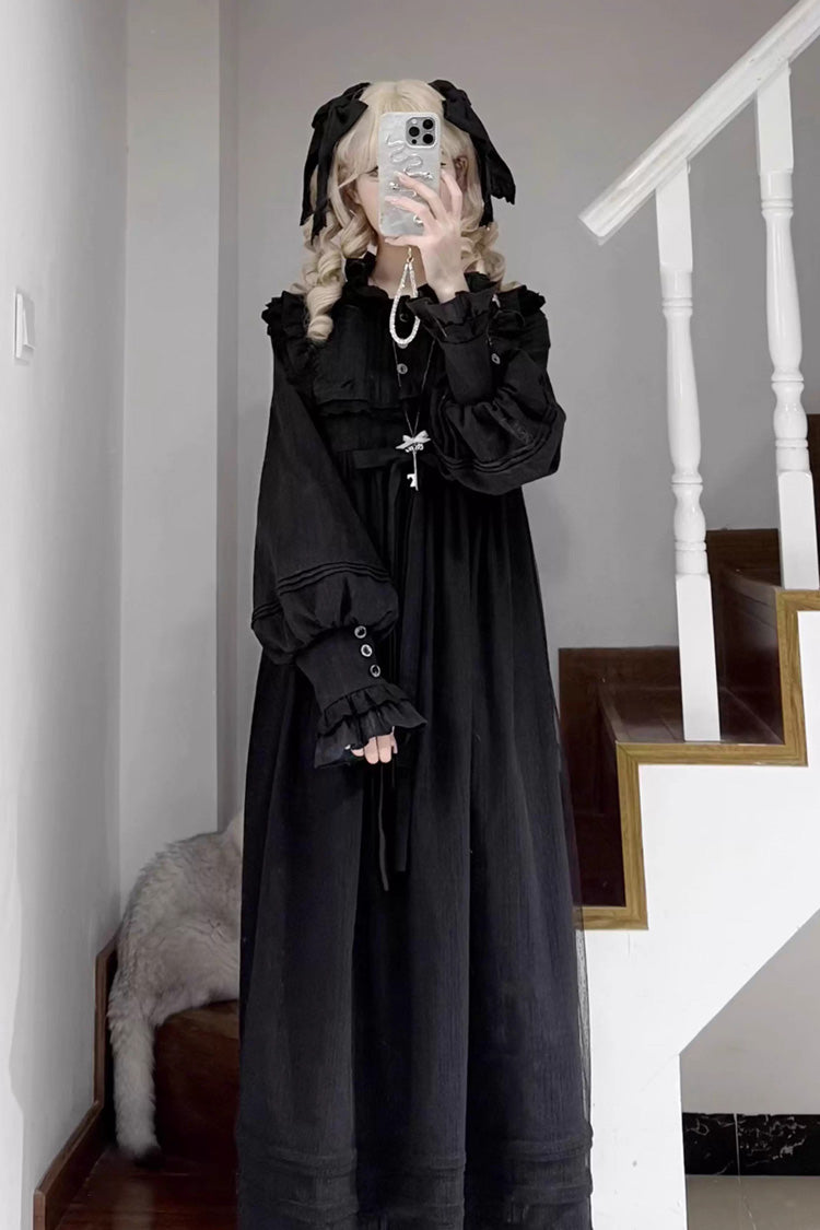 Black Long Sleeves Ruffle Bowknot Lace Gothic Lolita Home Wear Nightdress