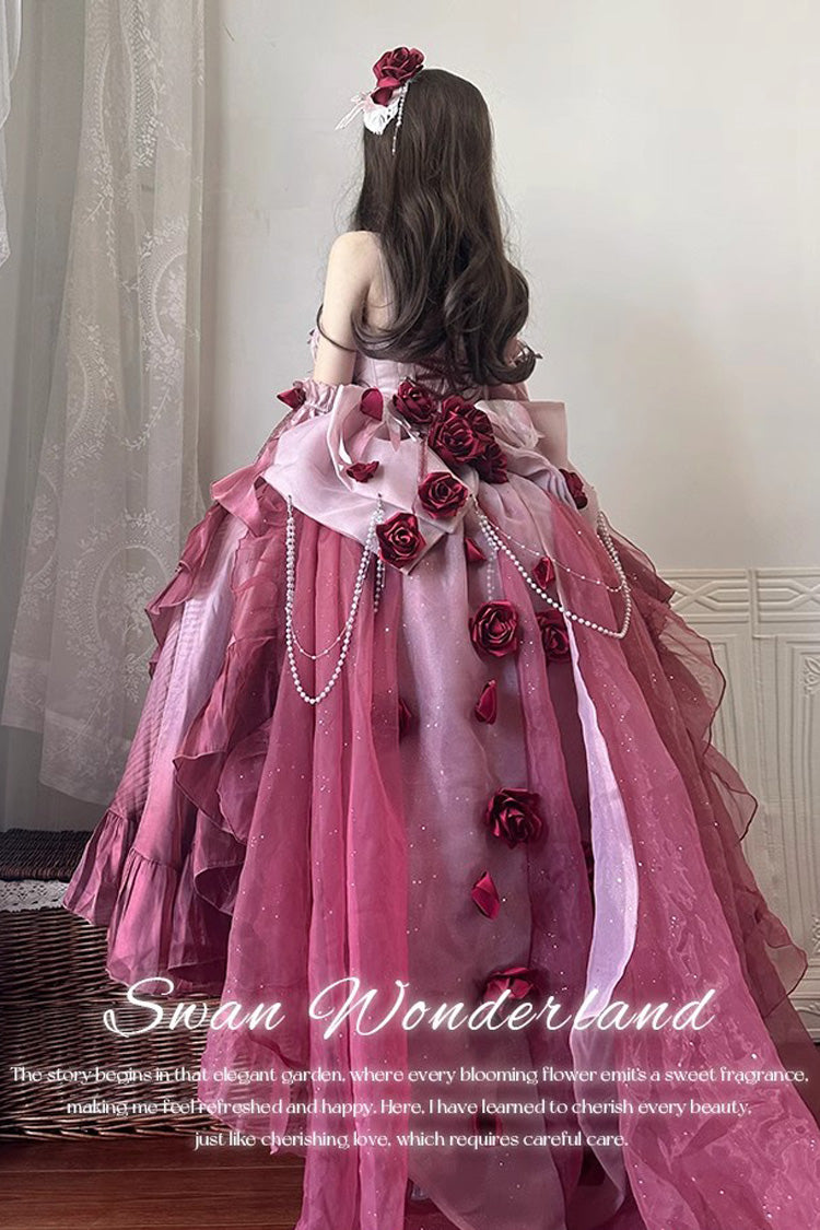 Plum Red Swan Wonderland Embroidery Bowknot Lace-Up Short Front Long Back Irregular Sweet Ballet Lolita Jsk Dress