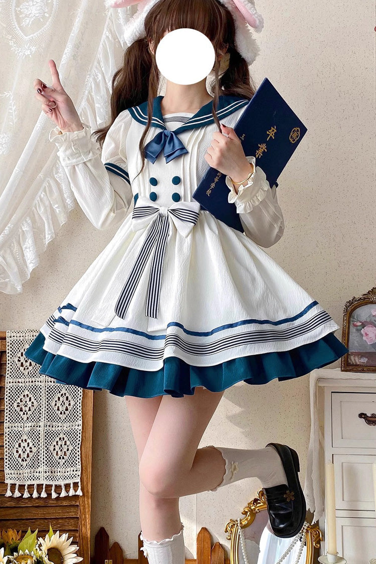 White/Green Navy Collar Short Sleeves Ruffle Bowknot Sweet Lolita Dress