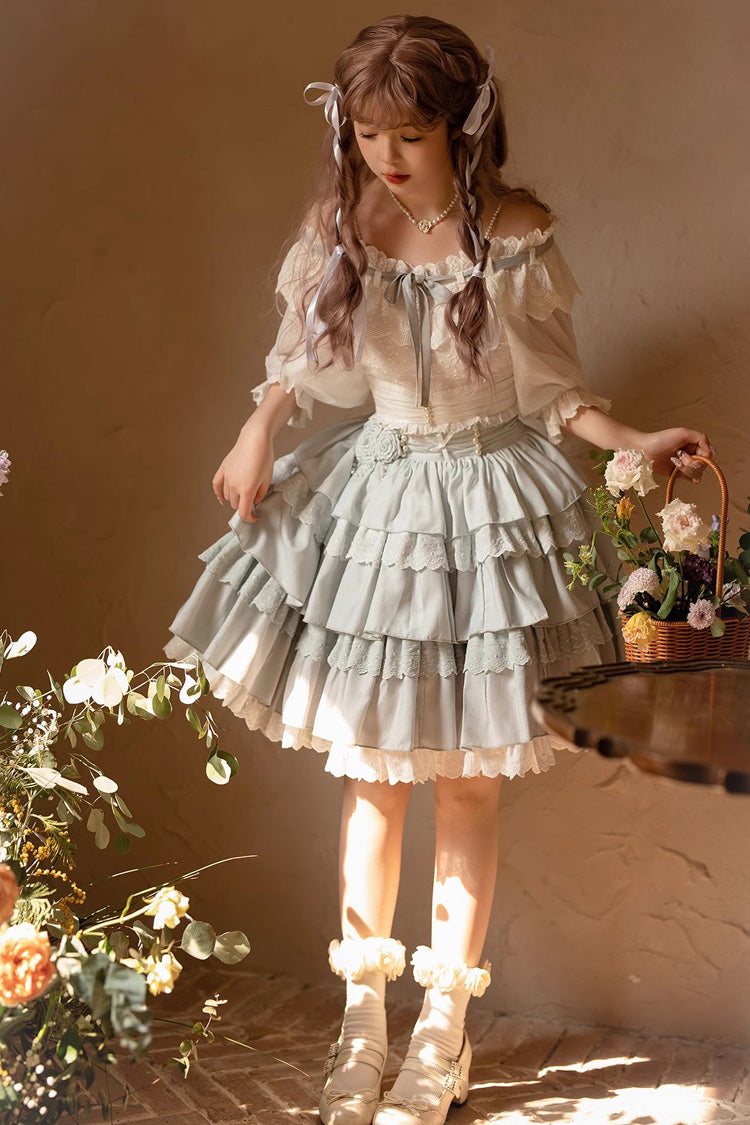 Light Blue Rose Multi-layer Ruffle Princess Sweet Lolita Skirt