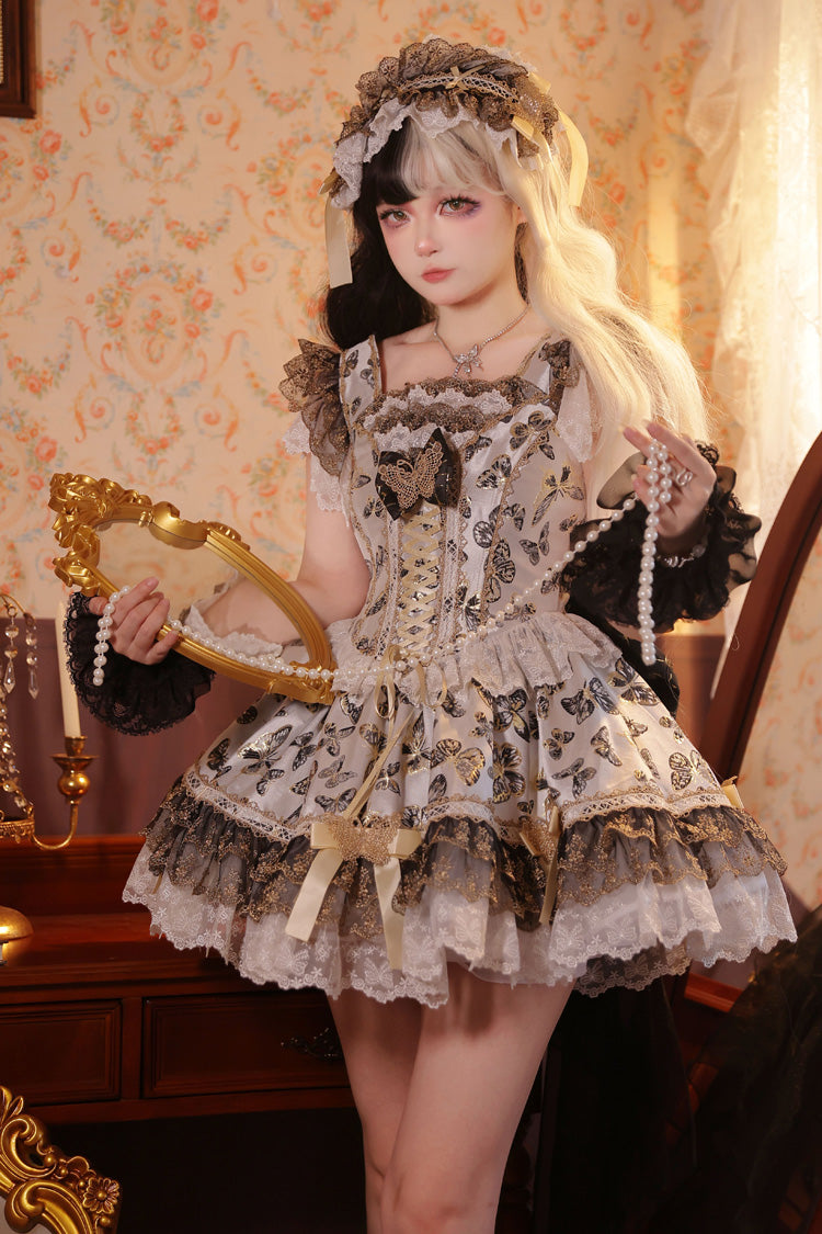 Cream Golden Spirit • Dream Butterfly Sleeveless Print Ruffle Bowknot Lace-Up Sweet Princess Lolita Jsk Dress Set