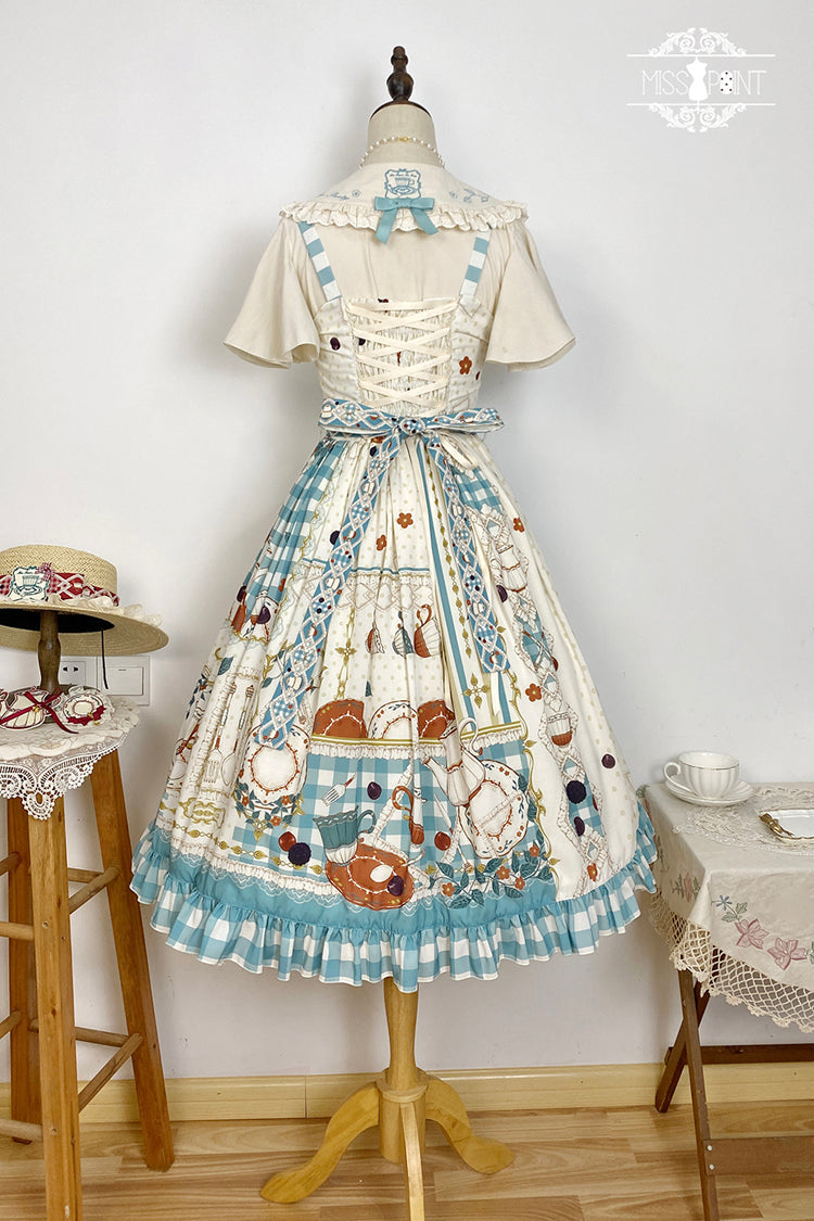 Blue/Green Tea Party Print Ruffle Bowknot Lace Sweet Elegant Lolita Jsk Dress