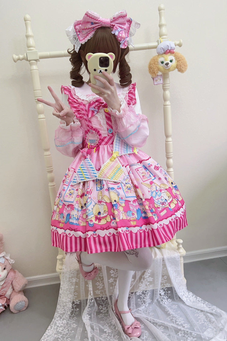 Bunny Pastry Chef Print Bowknot Gothic Japanese Lolita Jsk Dress 3 Colors