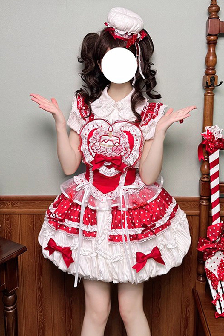 Red/White Twin Bears Birthday Cake Sleeveless Print Ruffle Bowknot Lace Sweet Lolita Big Flower Bud Dress