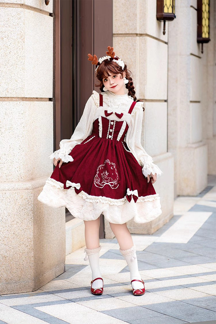 Deer Print Embroidery Bowknot Princess Autumn Winter Sweet Lolita JSK Dress 2 Colors