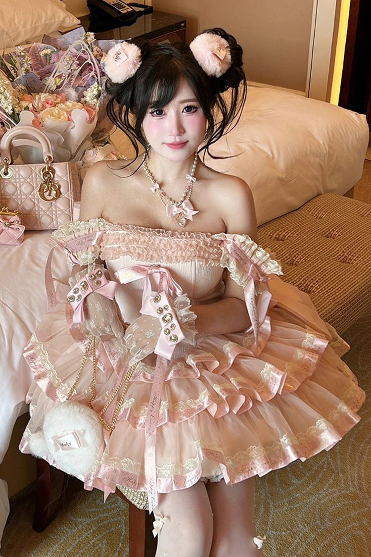 Pink Princess Ribbon Off Shoulder Triple-Layered Ruffle Bowknot Sweet Lolita Dress