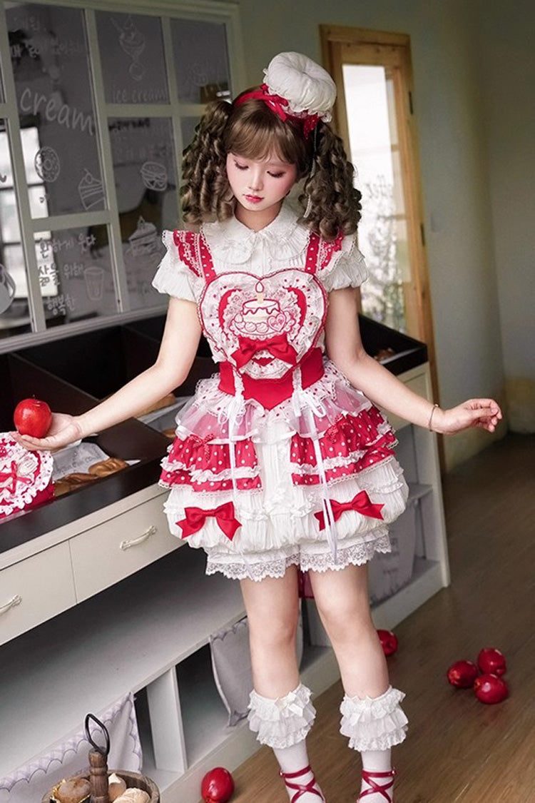 Red/White Twin Bears Birthday Cake Sleeveless Print Ruffle Bowknot Lace Sweet Lolita Small Flower Bud Dress
