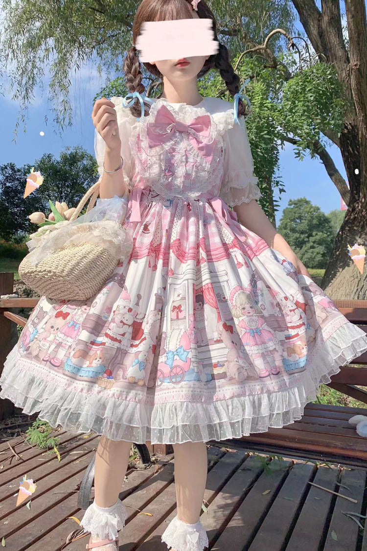 Pink Plush Bear and Doll Print Ruffle Bowknot Lace Sweet Lolita Jsk Dress