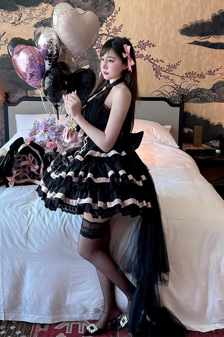 Black Ballet Dream Halterneck Triple-Layered Ruffle Bowknot Lace-Up Sweet Princess Lolita Dress