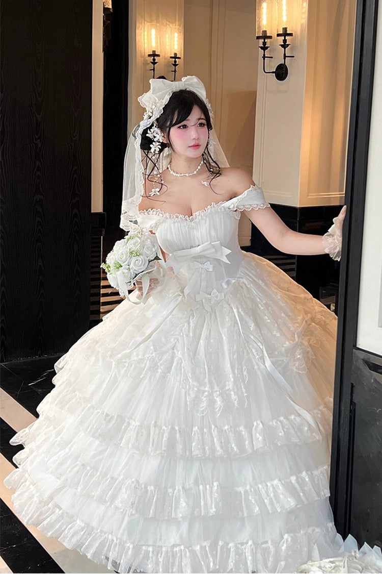 White Maiden Lace Off Shoulder Triple-Layered Ruffle Hanayome Bowknot Lace Sweet Lolita Jsk Dress