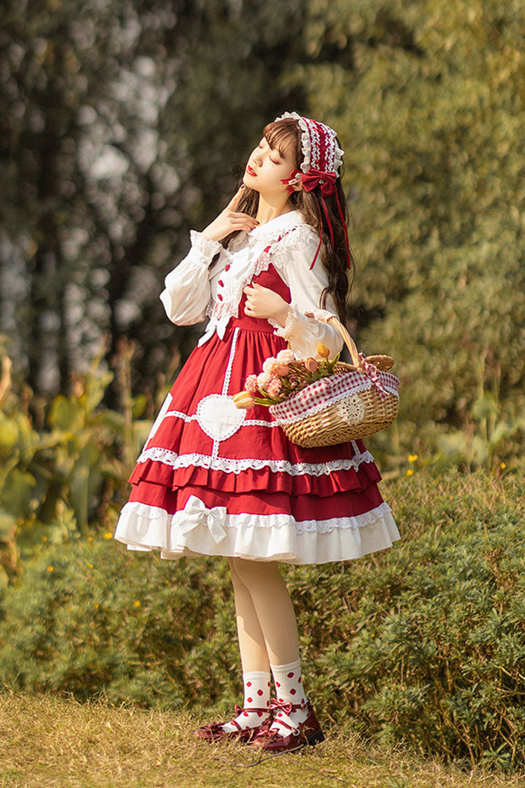 Wine Red Lace Stitching High Waisted Bowknot Ruffled Sweet Lolita Jsk Dress