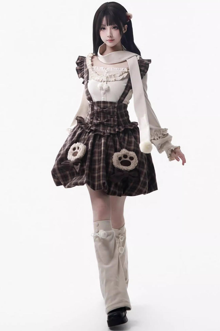 Brown Fluffy Little Bear Sleeveless Printed Ruffled Bow Sweet Lolita Strap Dress