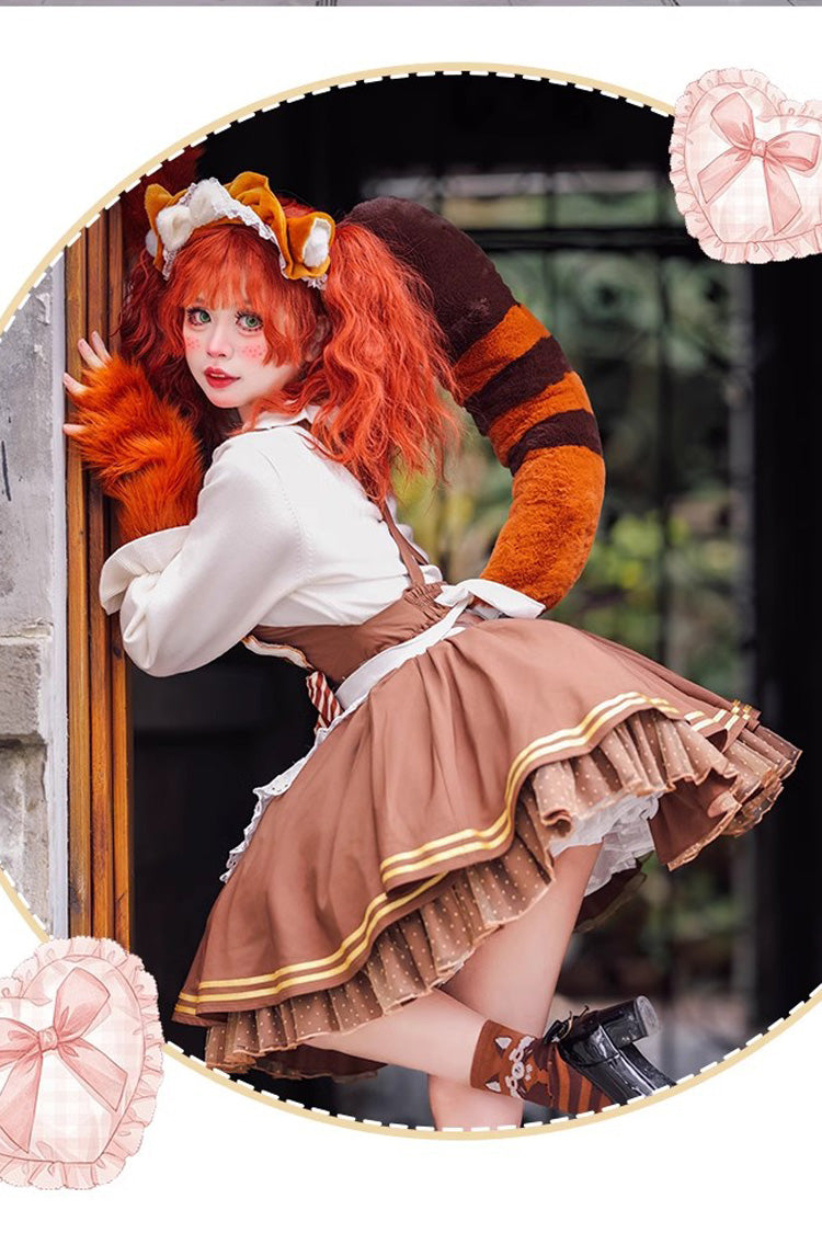 Brown Raccoon Ruffle Bowknot Sweet Lolita Strap Dress