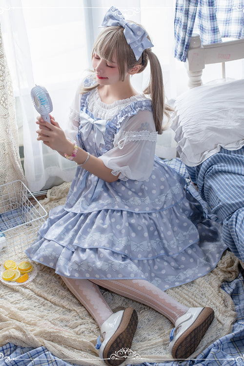 Polka Dot Print Sleeveless Bowknot Multi-Layer Ruffled High Waisted Sweet Lolita Tiered JSK Dress