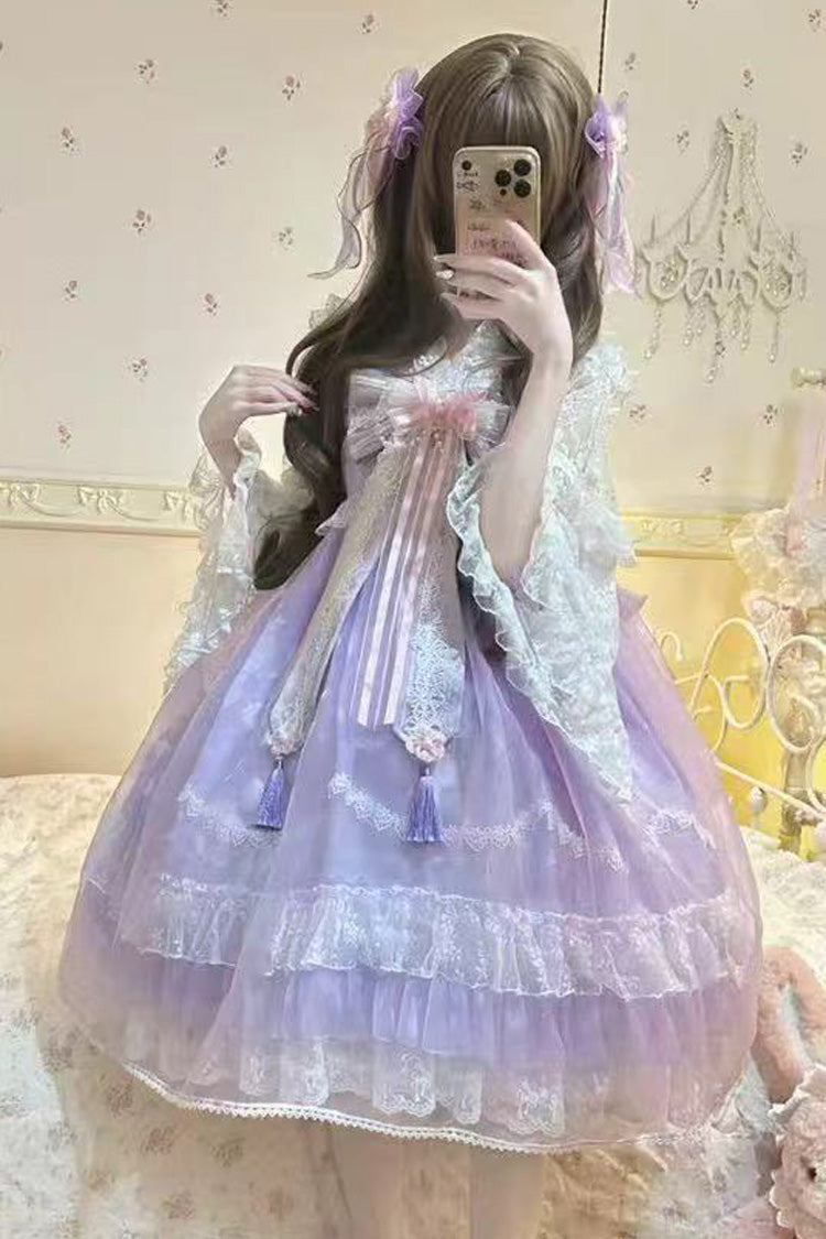 Peach Blossoms in Spring Fields Sleeveless Ruffle Bowknot Lace Sweet Chinese Style Lolita Jsk Dress 3 Colors