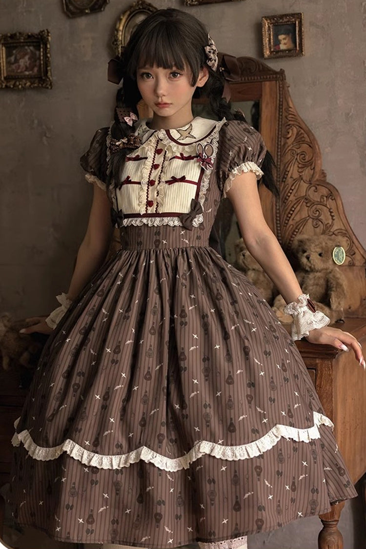 Brown Moro Coco Hot Air Balloon Print Ruffle Bowknot Sweet Elegant Princess Lolita Dress Long Version