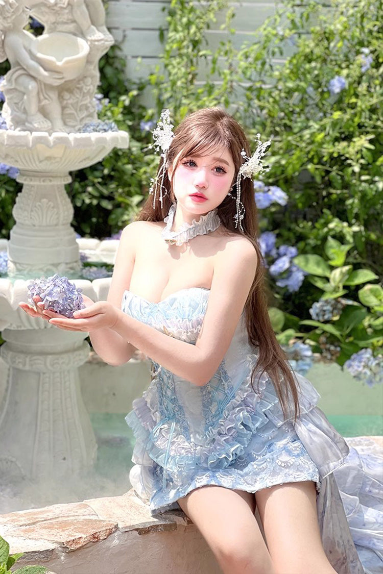 Blue Mermaid's Tears Island Romance Print Embroidery Lace Sweet Lolita Skirt Set