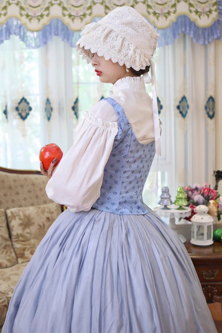 Light Blue Bashu Girl Long Puff Sleeves Print Lace-Up Fishbone Corset Sweet Lolita Skirt Dress Three-Piece Set