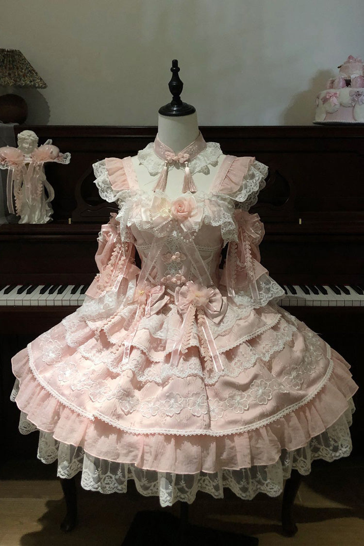 Pink Rain of Peaches Sleeveless Multi-Layered Bowknot Lace Sweet Chinese Style Lolita Jsk Dress