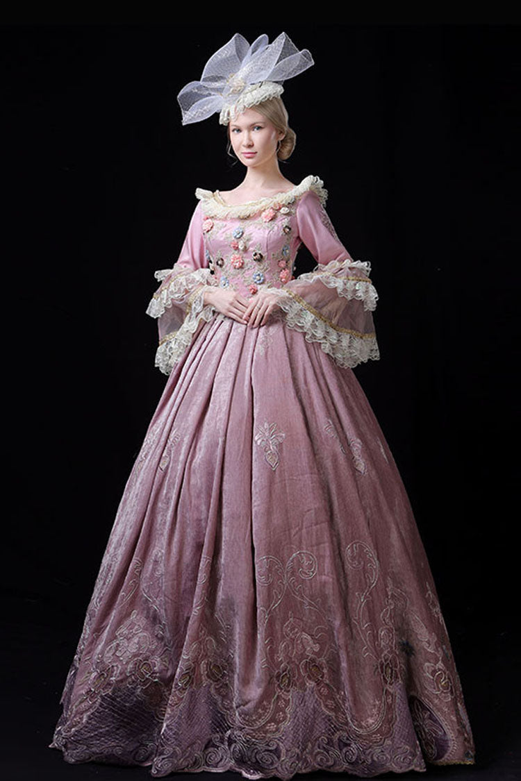 Pink Multi-Layer Trumpet Sleeves High Waisted Three Dimensional Flower Hollow Embroidery Print Victorian Lolita Prom Dress
