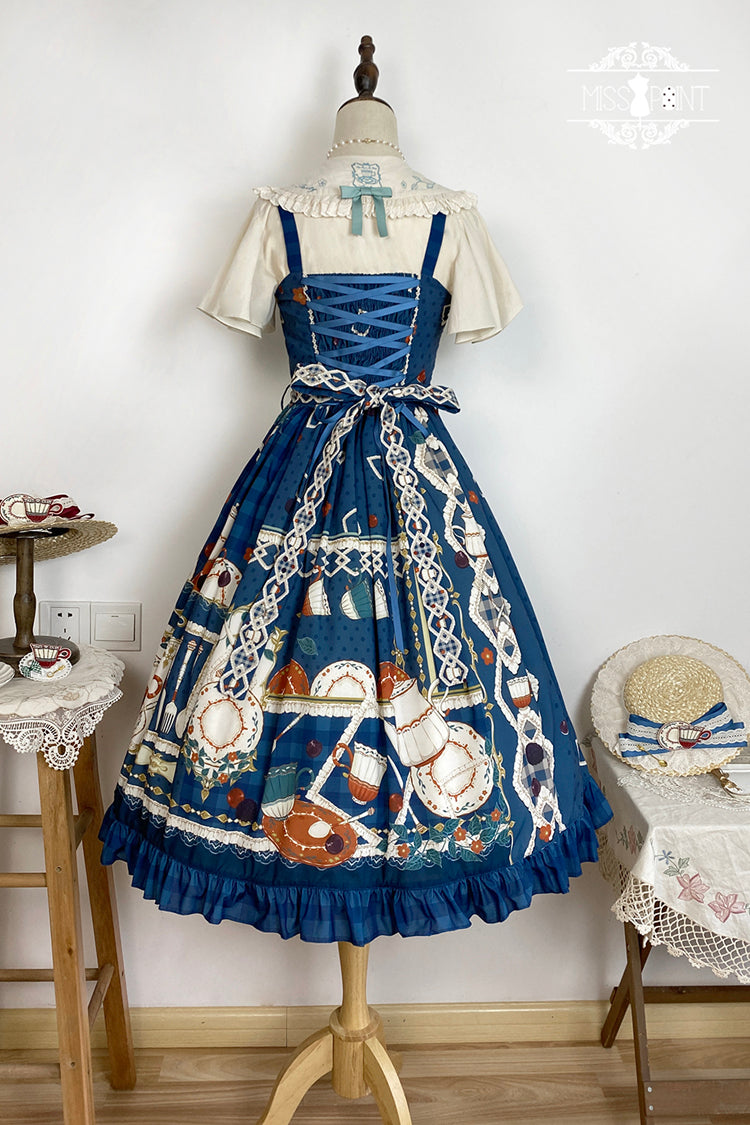 Dark Blue Tea Party Print Ruffle Bowknot Lace Sweet Elegant Lolita Jsk Dress