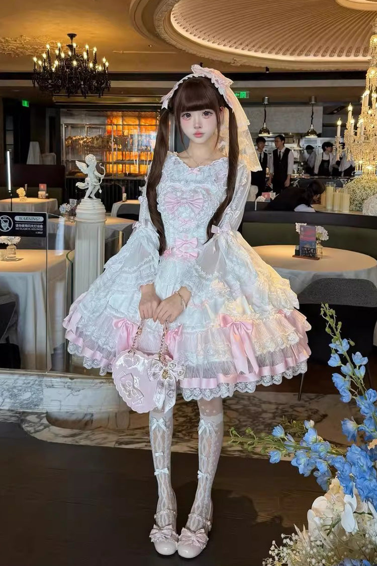 Pink/White Scarlet Heart Cocoa Sleeveless Triple-Layered Ruffle Embroidery Bowknot Lace Sweet Lolita Jsk Dress