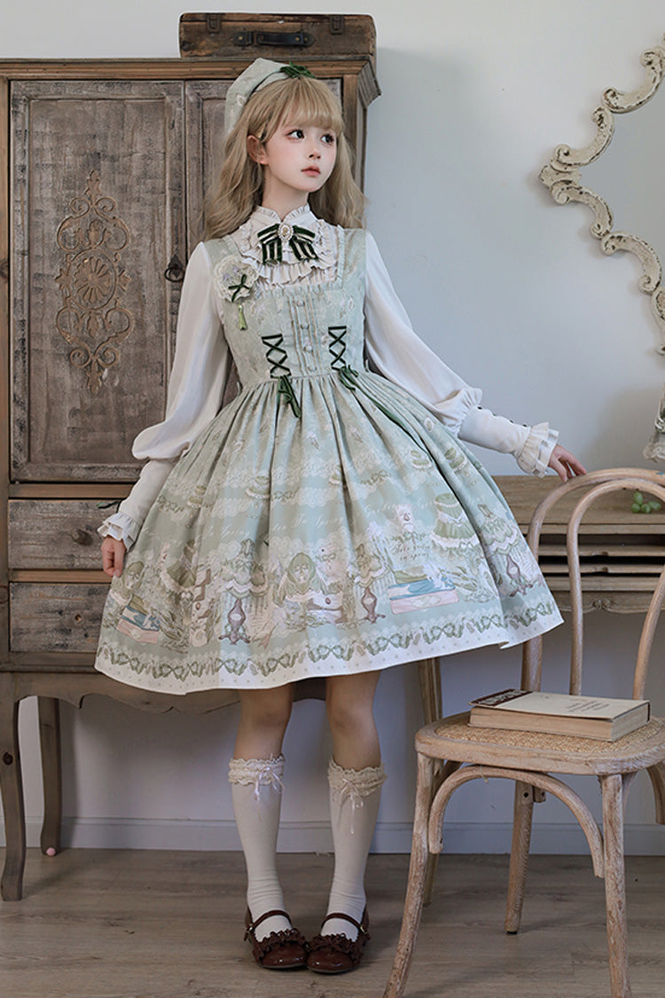 Iris Study Square Collar Print Bowknot Lace-Up Sweet Lolita Jumper Dress 2 Colors